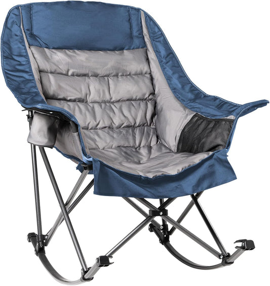 Oversized Rocking Camping Chair for Adults - 400lbs Capacity Padded Camp Chair with Cup Holder, Portable Foldable Outdoor Rocker Chair for Camping, Backyard, Patio (Blue & Gray)