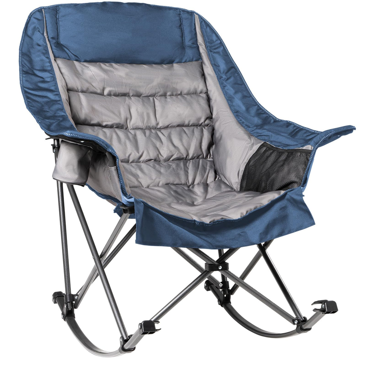 Oversized Rocking Camping Chair for Adults - 400lbs Capacity Padded Camp Chair with Cup Holder, Portable Foldable Outdoor Rocker Chair for Camping, Backyard, Patio (Blue & Gray)