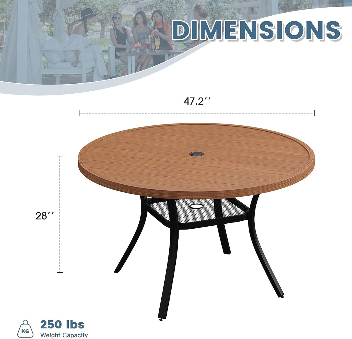 DIFY 48" Round Patio Dining Table for 6, All Weather Round Outdoor Metal Dining Table with 1.57" Umbrella Hole, Perfect for Backyard Lawn Garden, Walnut