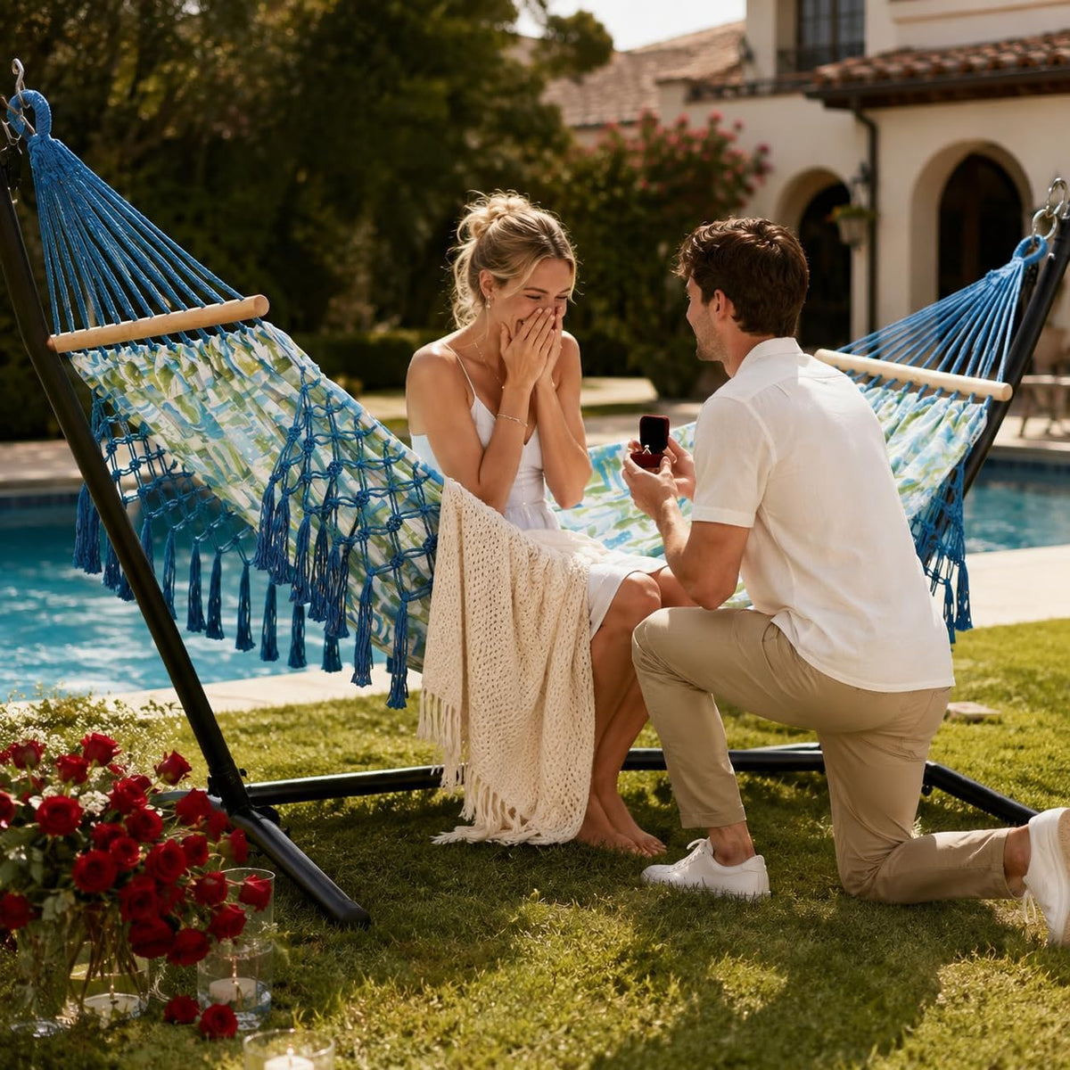 Portable Hammock,Bohemian Hammock,Rope Hammock,Suitable,Yard, Beach, Backyard,Garden (Blue, 79 * 59)