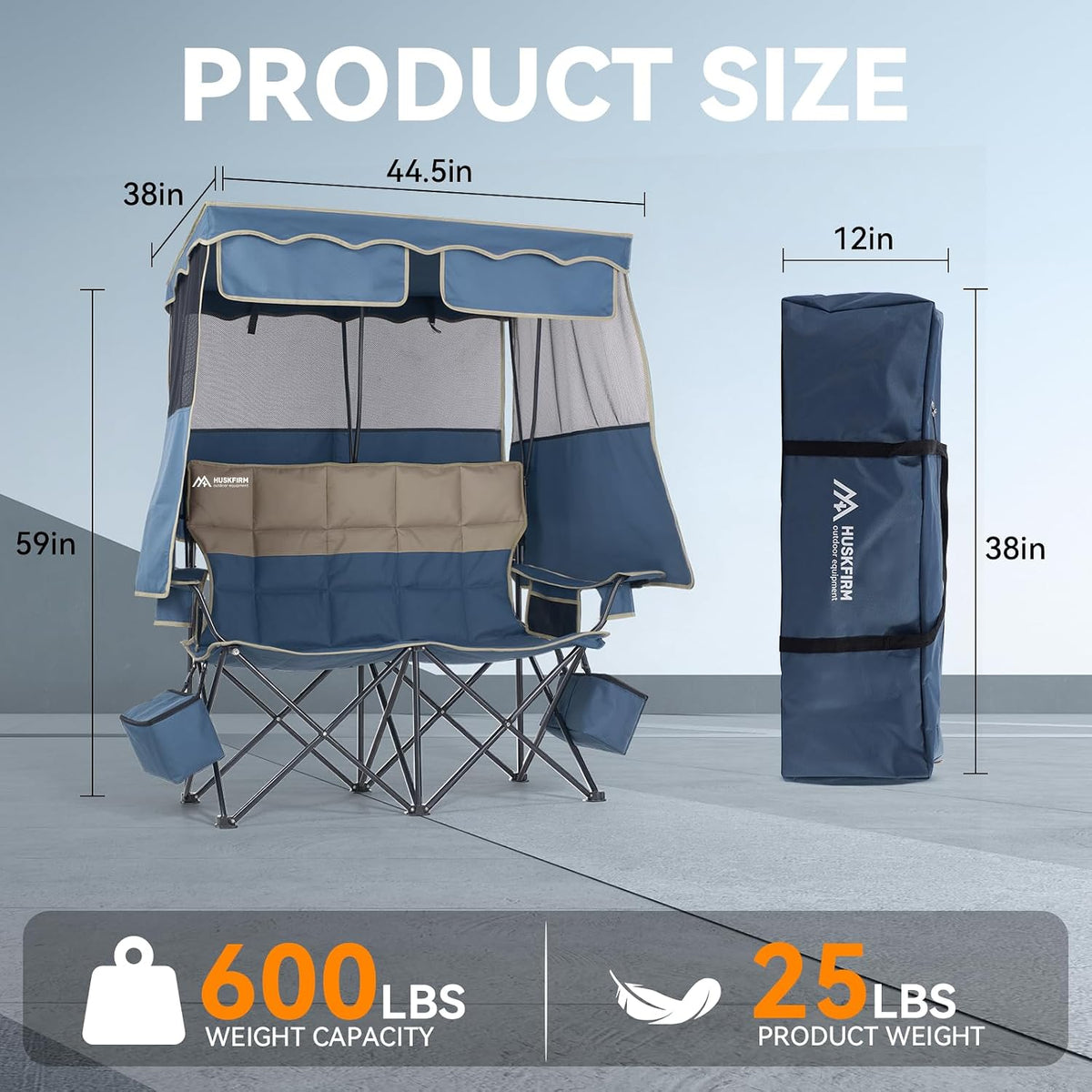 Padded Double Camping Chair With Canopy,Folding Chair Support 450LBS, Blue