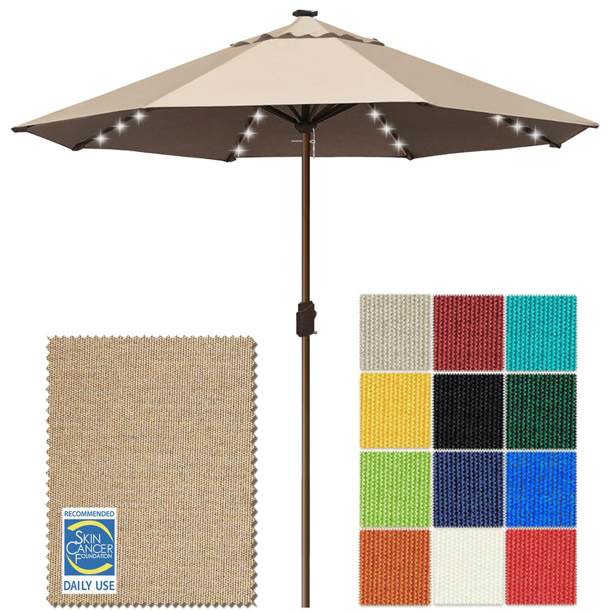 EliteShade USA 10-Year-Non-Fading 9ft 3-Tier Market Patio Umbrella, Commercial Table Umbrella with 80 Solar LED Lights, Crank Open, Windproof & UPF 50+ UV Protection for Garden, Deck, Pool, Backyard, Heather Beige