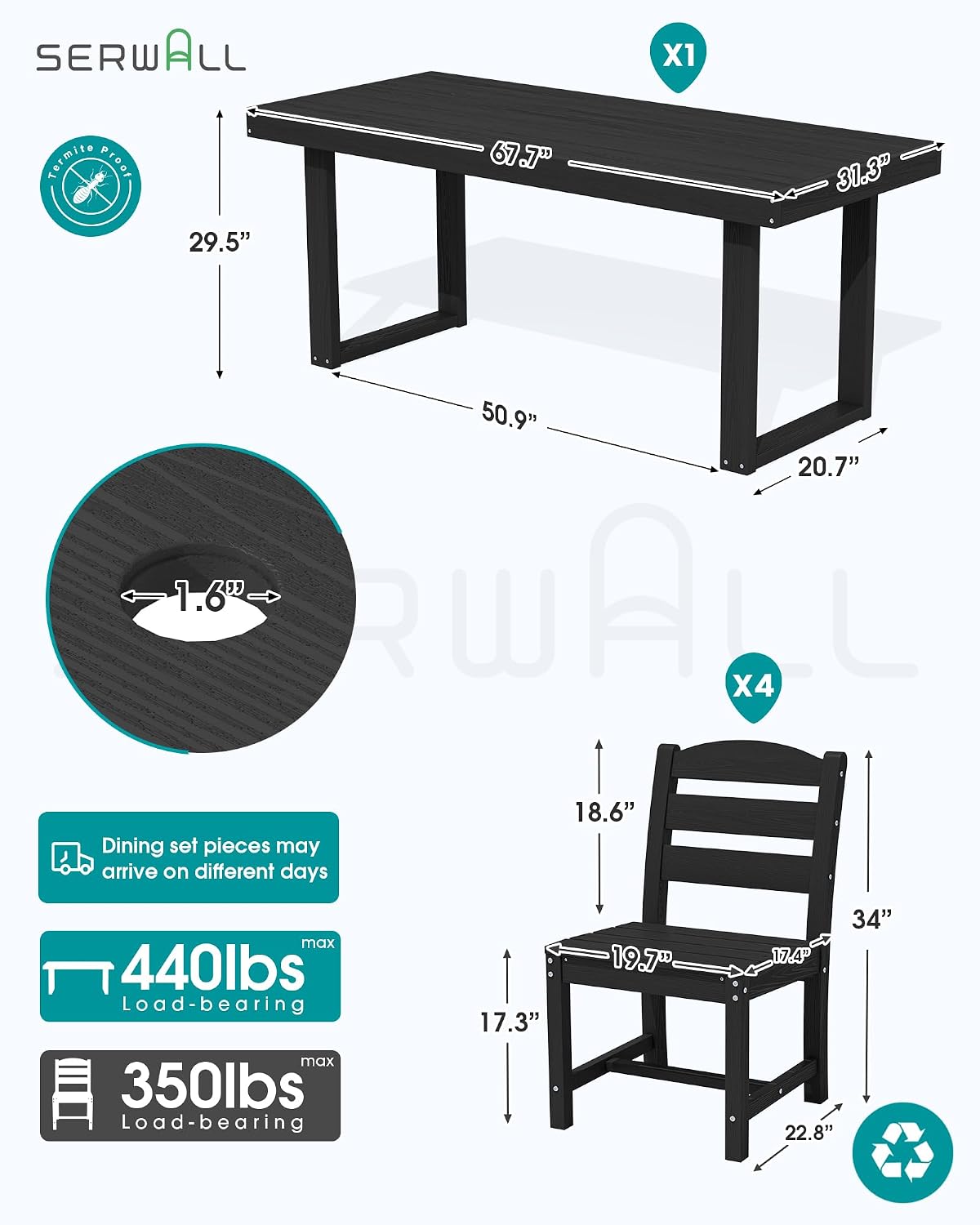 SERWALL HDPE Outdoor Dining Set for 4, 67'' Patio Table and Chairs Set