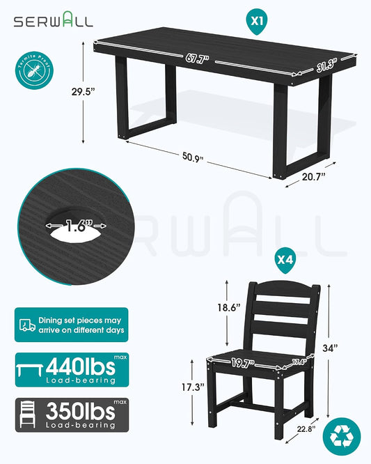 SERWALL HDPE Outdoor Dining Set for 4, 67'' Patio Table and Chairs Set