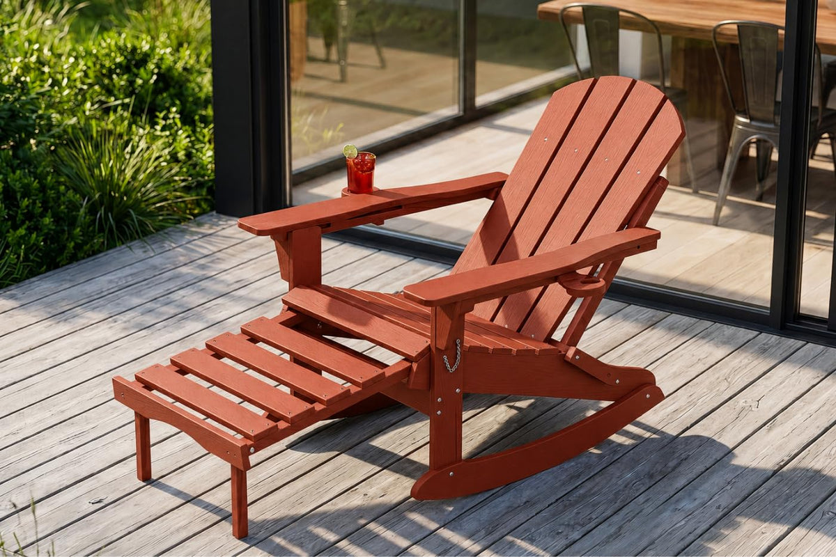 All-Weather HDPE Adirondack Rocking Chair, Heavy Duty Folding Porch Rocker with Curved High Back & Armrest, Comfortable Outdoor Lounge Chair for Backyard Patio Deck Garden, Aruba Blue