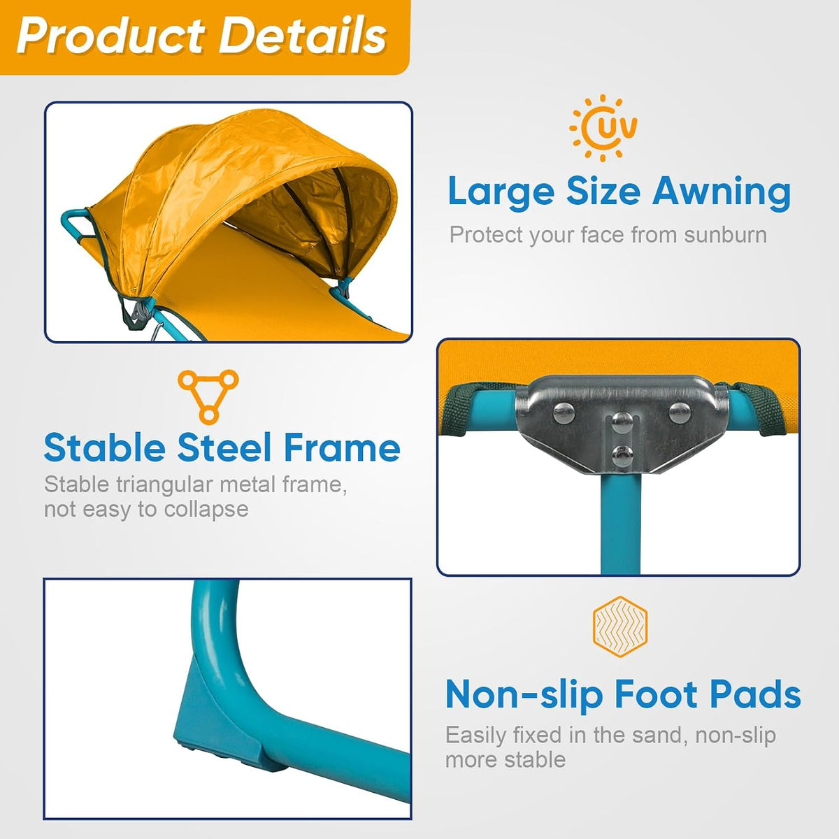 Northroad 2 Pack Beach Lounge Chair with Canopy Shade, Adjustable 4 Position Foldable Tanning Chair, Outdoor Heavy Duty Chaise Lounge Chair, for Poolside Patio Sunbathing Lawn, UPF 50+, Yellow