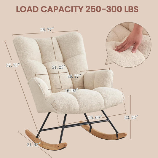 SAETSFEG Rocking Chair Nursery Teddy Upholstered Glider Rocker Rocking Accent Chair Padded Seat with High Backrest Armchair Comfy Side Chair for Living Room Bedroom Offices (Ivory Teddy)