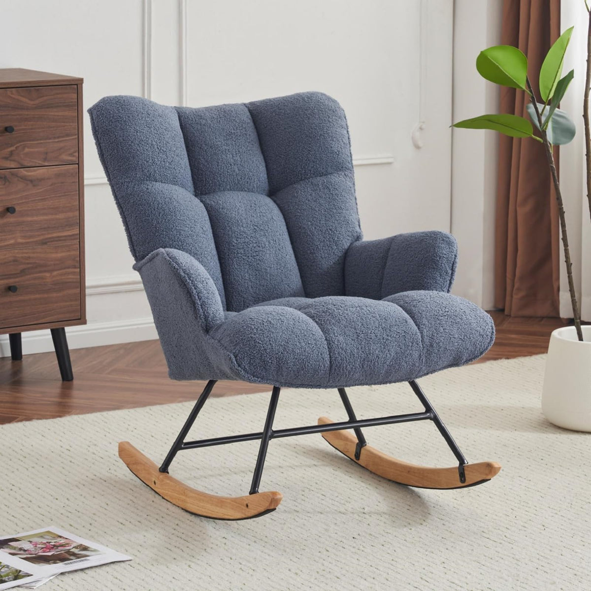 SAETSFEG Rocking Chair Nursery Teddy Upholstered Glider Rocker Rocking Accent Chair Padded Seat with High Backrest Armchair Comfy Side Chair for Living Room Bedroom Offices (Pink Teddy)