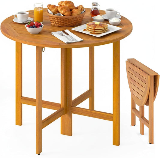 Tangkula 36 Inches Outdoor Folding Round Dining Table, No Assembly Patio Acacia Wood Bistro Table with Slatted Tabletop, 4-Person Outside Dining Furniture for Backyard, Porch, Balcony