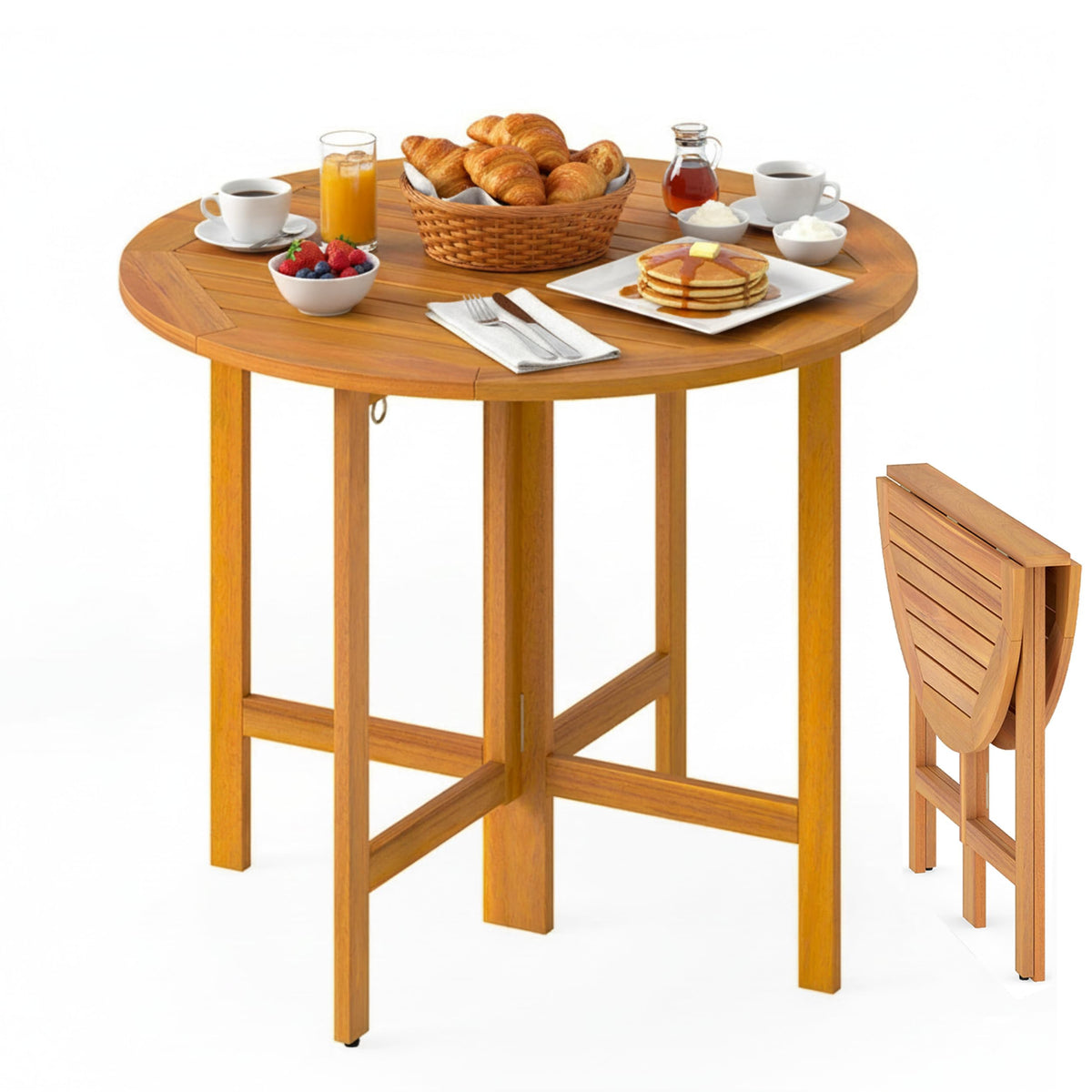 Tangkula 36 Inches Outdoor Folding Round Dining Table, No Assembly Patio Acacia Wood Bistro Table with Slatted Tabletop, 4-Person Outside Dining Furniture for Backyard, Porch, Balcony