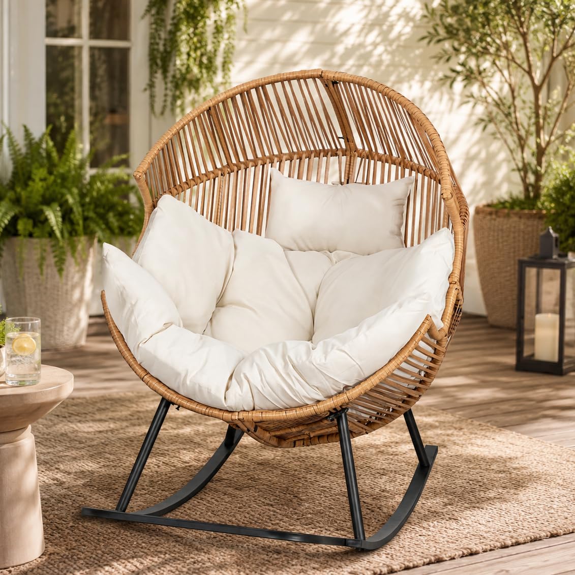 JAMFLY Egg Chair Rocking Chairs, Wicker Patio Chair Oversized Lounger Chair with Cushion for Indoor Living Room Bedroom Outdoor Patio Backyard Balcony Garden, Cream White