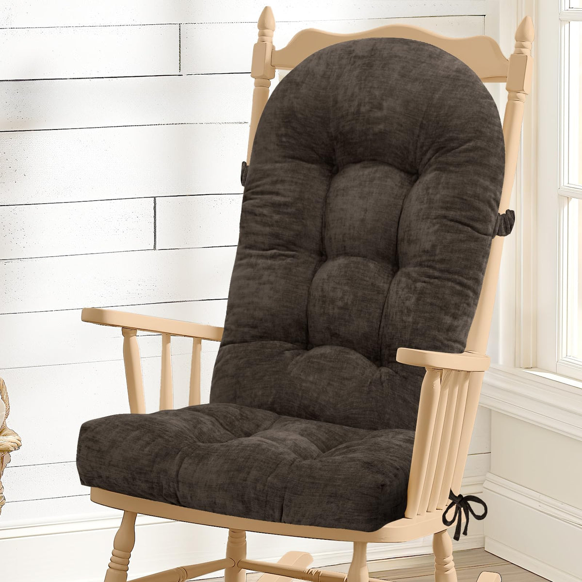 Rocking Chair Cushion - Soft Chenille Fabric Seat Pad with Tufted Design, Non-Slip Bottom and Secure Ties, for Glider, Adirondack and Indoor Rocker Chair, 44x19x4 Inch, Oyster White