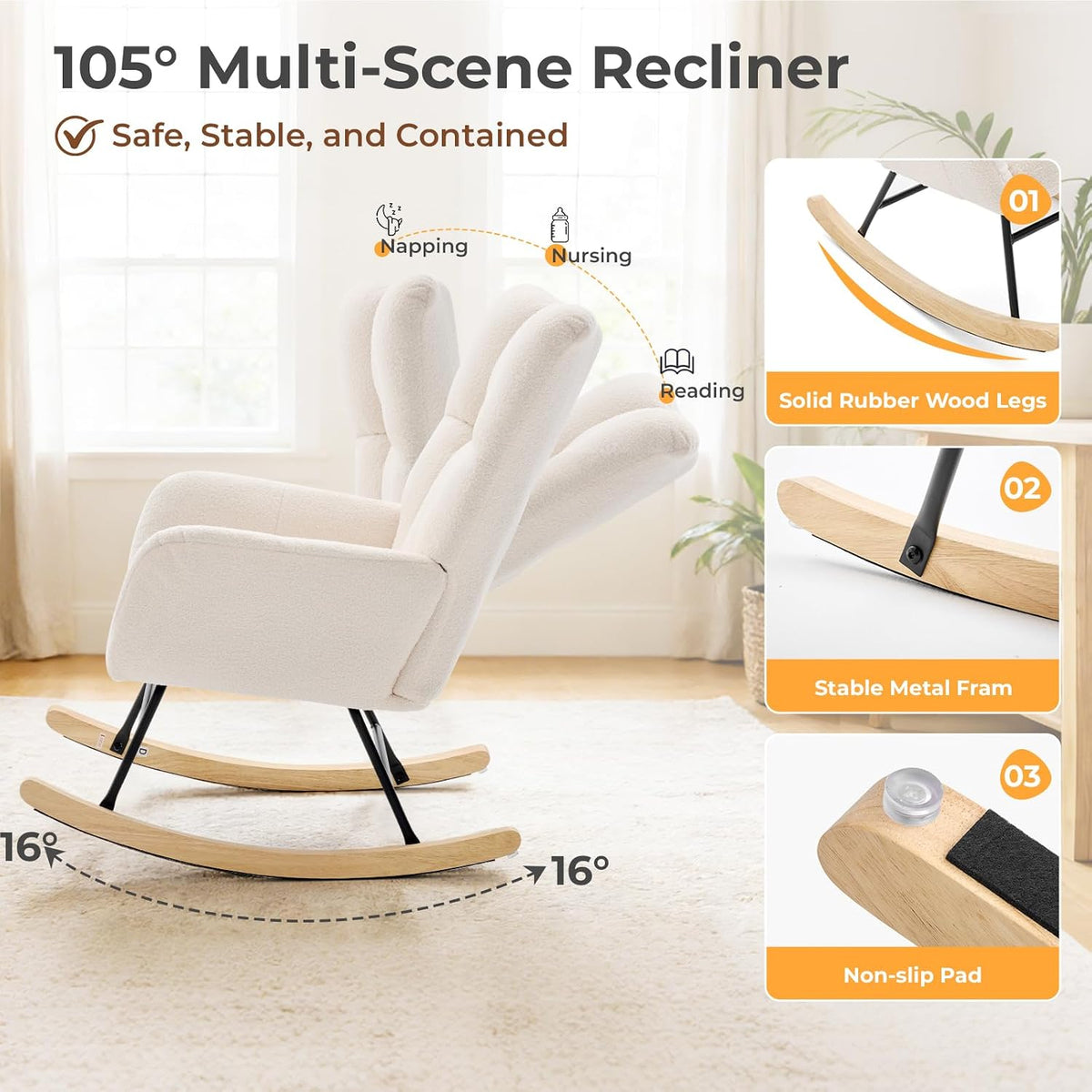DUMOS Nursery Rocking Chair Teddy Upholstered, Comfy Glider Rocker with High Backrest Armchair Padded Seat, Accent Side Chair for Living Room Bedroom Offices Small Spaces Indoor, Beige
