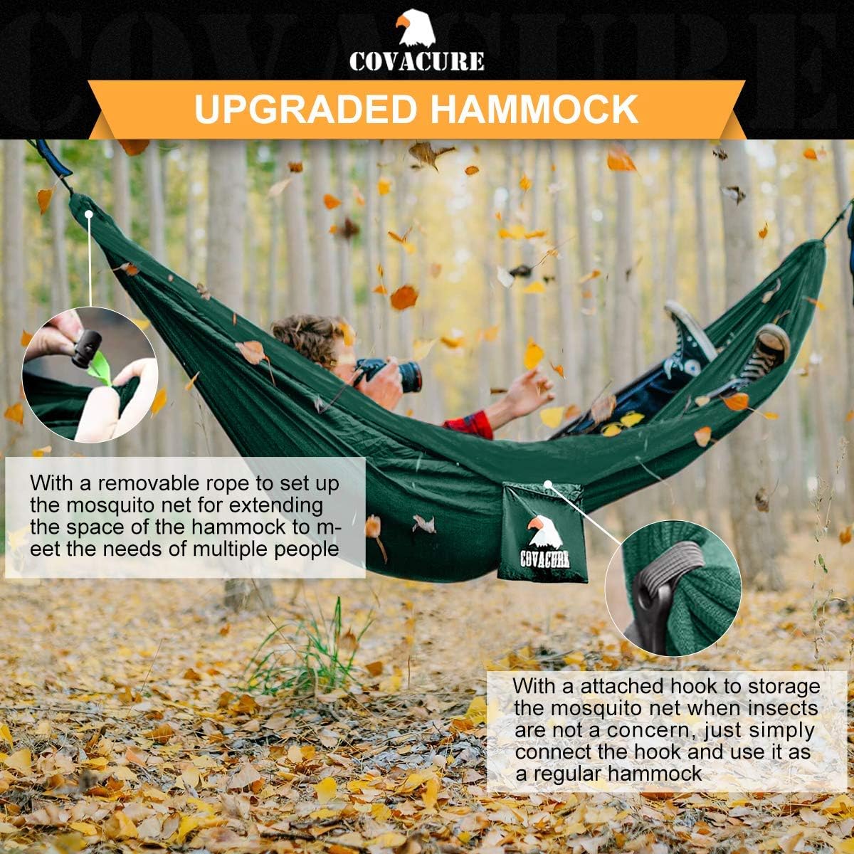Covacure Camping Hammock, 772 lbs Capacity Double Hammock - Dark Green