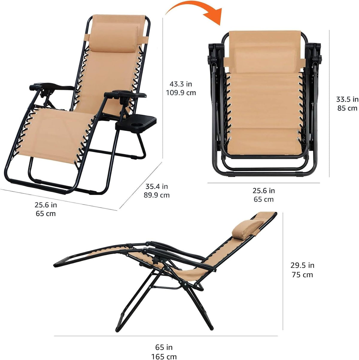 Amazon Basics Outdoor Textilene Adjustable Zero Gravity Folding Reclining Lounge Chair Set with Cup Holder, Side Table, Headrest, Weather-Resistant, 35 x 26 x 43 inches, Beige, 2-Pack