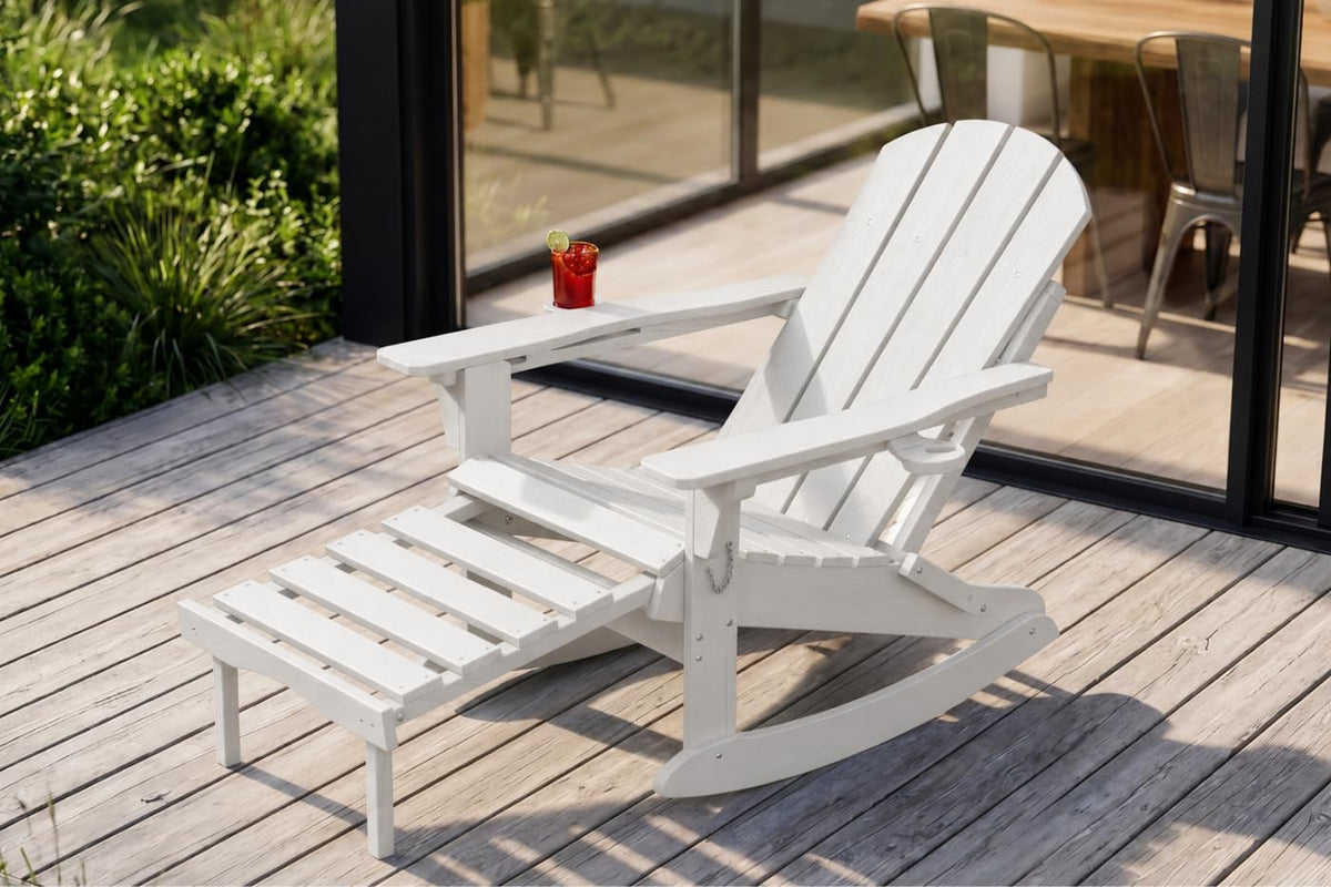 All-Weather HDPE Adirondack Rocking Chair, Heavy Duty Folding Porch Rocker with Curved High Back & Armrest, Comfortable Outdoor Lounge Chair for Backyard Patio Deck Garden, Aruba Blue