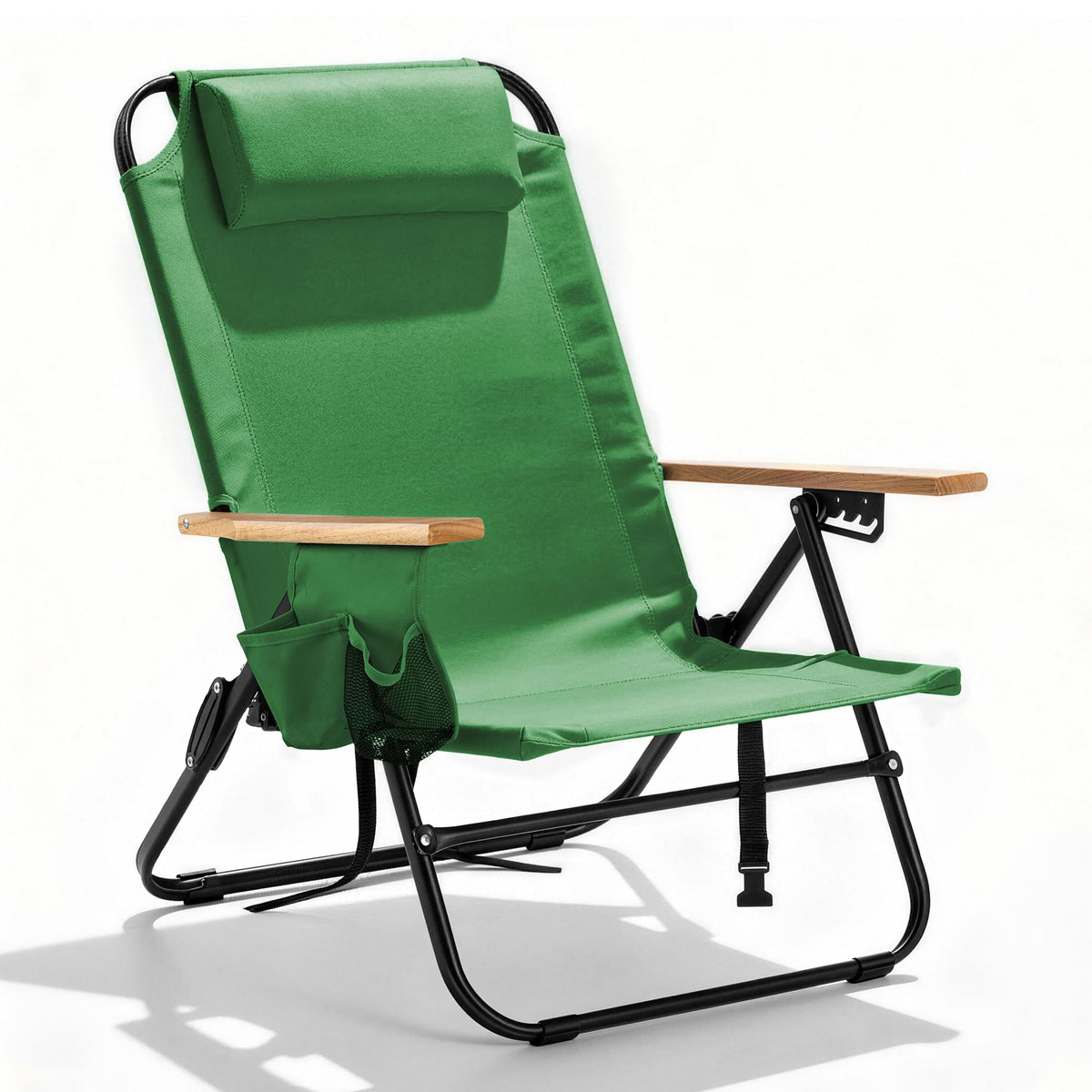 Premium Portable Camping Chair 5-Position Recliner Beach Folding Lightweight Outdoor Chair with Wooden Armrests, Headrest, Multi-Pockets Heavy Duty 350lbs, for Patio, Backyard, Brown