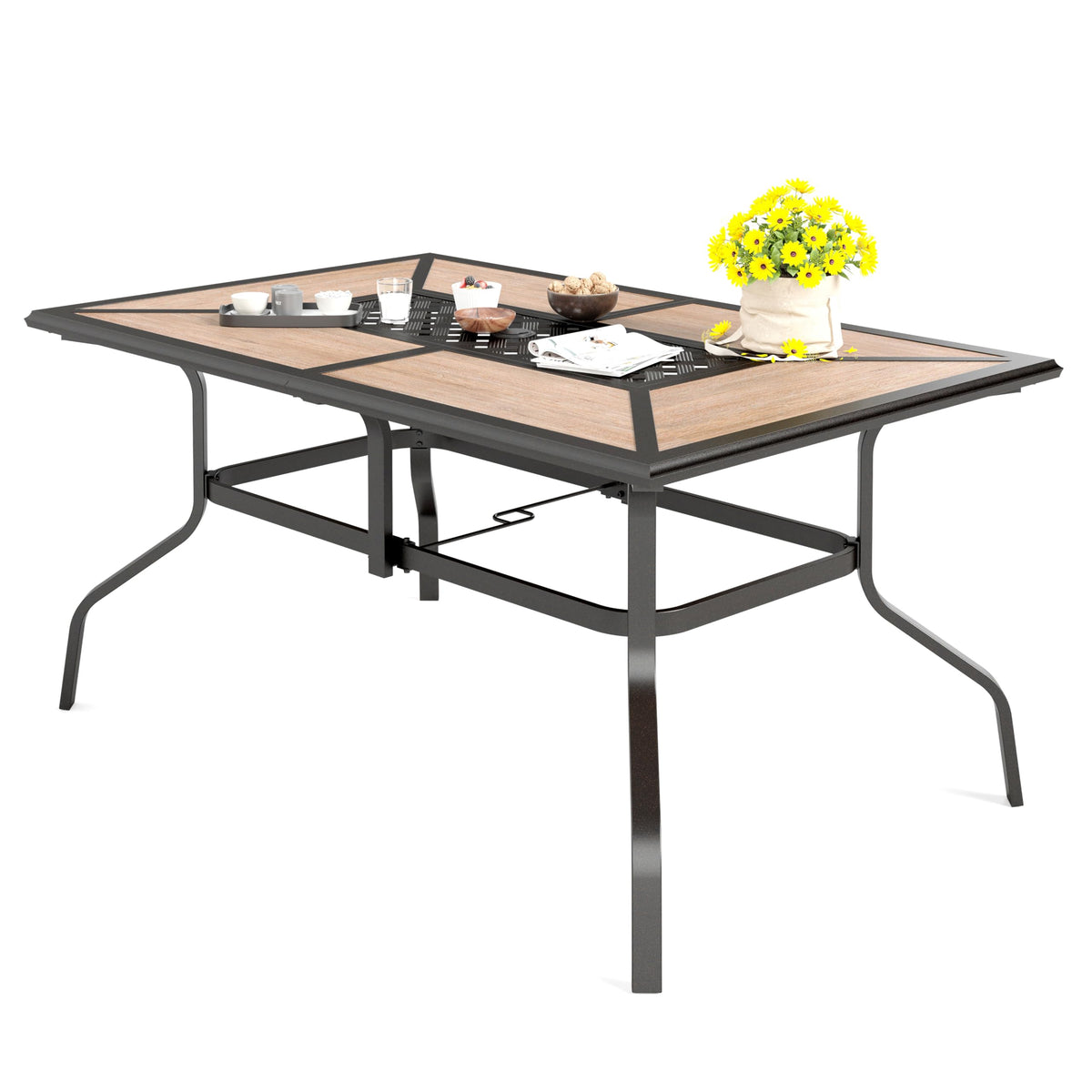 HERA'S HOUSE Outdoor Dining Table for 6, Brown Metal Table w/Umbrella Hole