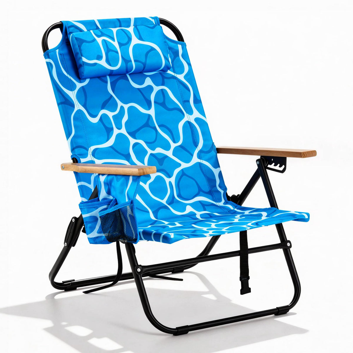 Premium Portable Camping Chair 5-Position Recliner Beach Folding Lightweight Outdoor Chair with Wooden Armrests, Headrest, Multi-Pockets Heavy Duty 350lbs, for Patio, Backyard, Brown