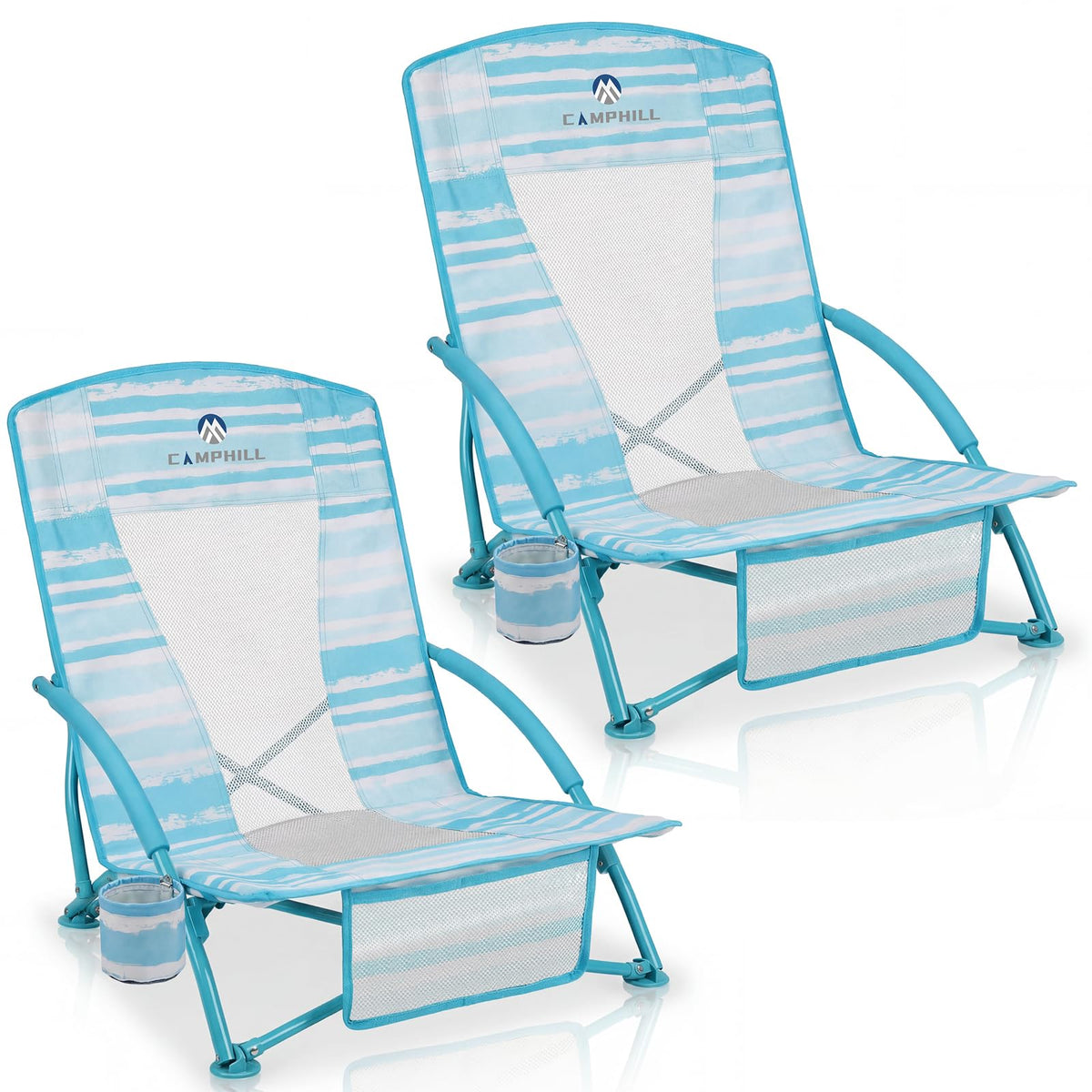 Beach Chairs for Adults 2 Pack,Heavy Duty Folding Low Back Camping Chairs w/Cooler Bag,Mesh Back,Cup Holder & Storage Bag,Compact Sling Chair for Lawn,Picnic,Travel,Orange Strip
