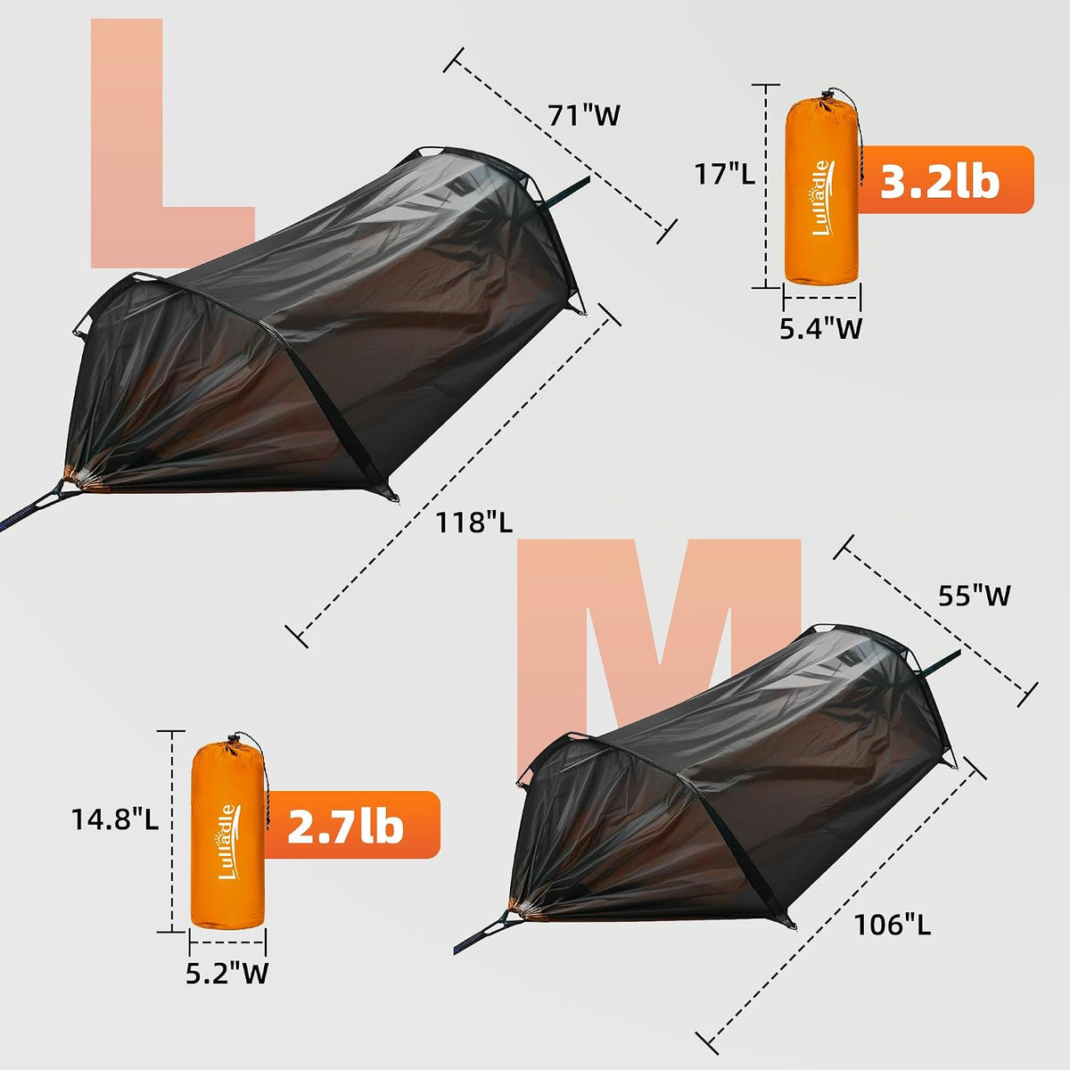 Lulladle Camping Hammock - 500lbs Capacity Portable Hammock with 2 Tree Straps and with Mosquito Net,Nylon Hanging Hammock Easy Setup and Pack for Outdoors Camping,Backpacking,Hiking - Double/Single