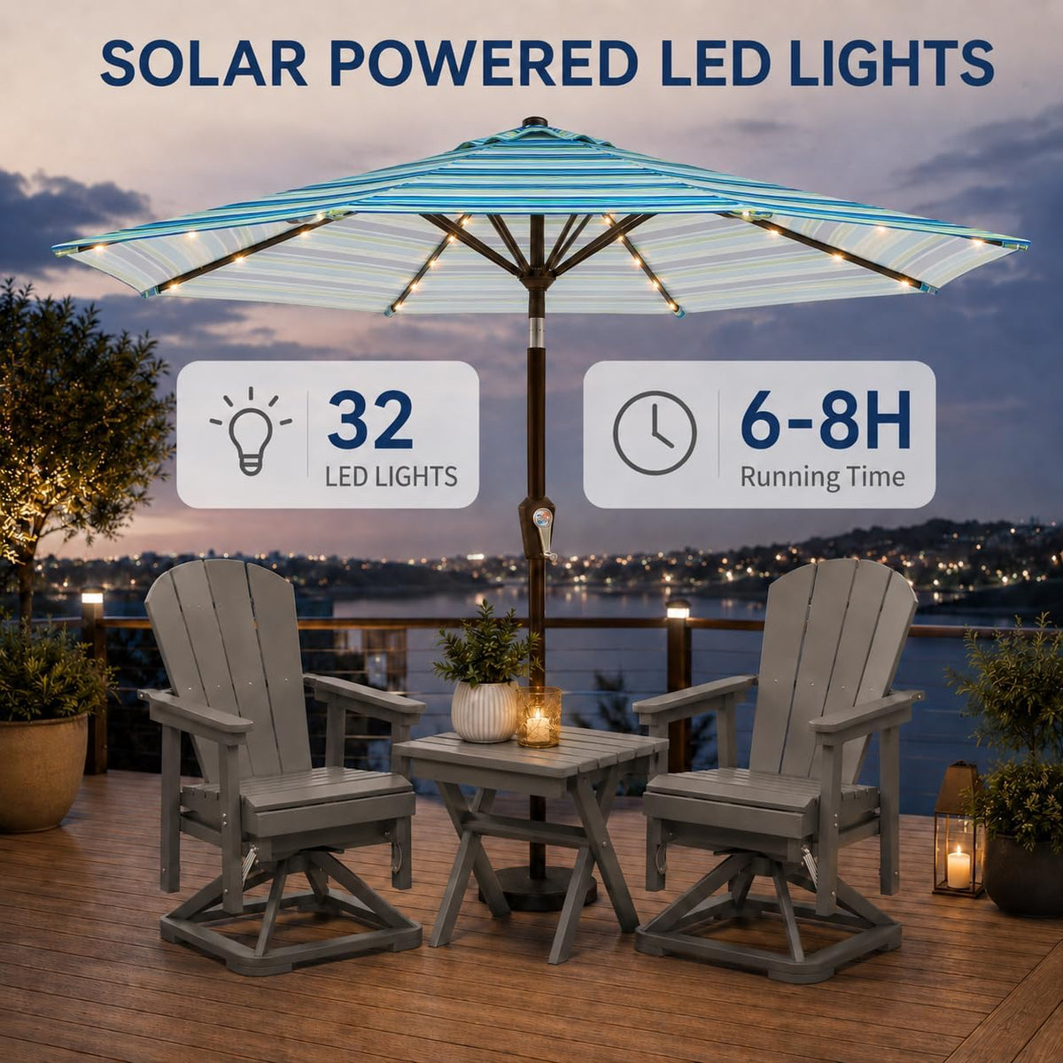 10FT Solar Patio Umbrella with Lights, Outdoor Table Market Umbrella with 32 LED Lights, 8 Sturdy Ribs, Push Button Tilt and Crank for Pool, Deck and Garden, UV-Resistant