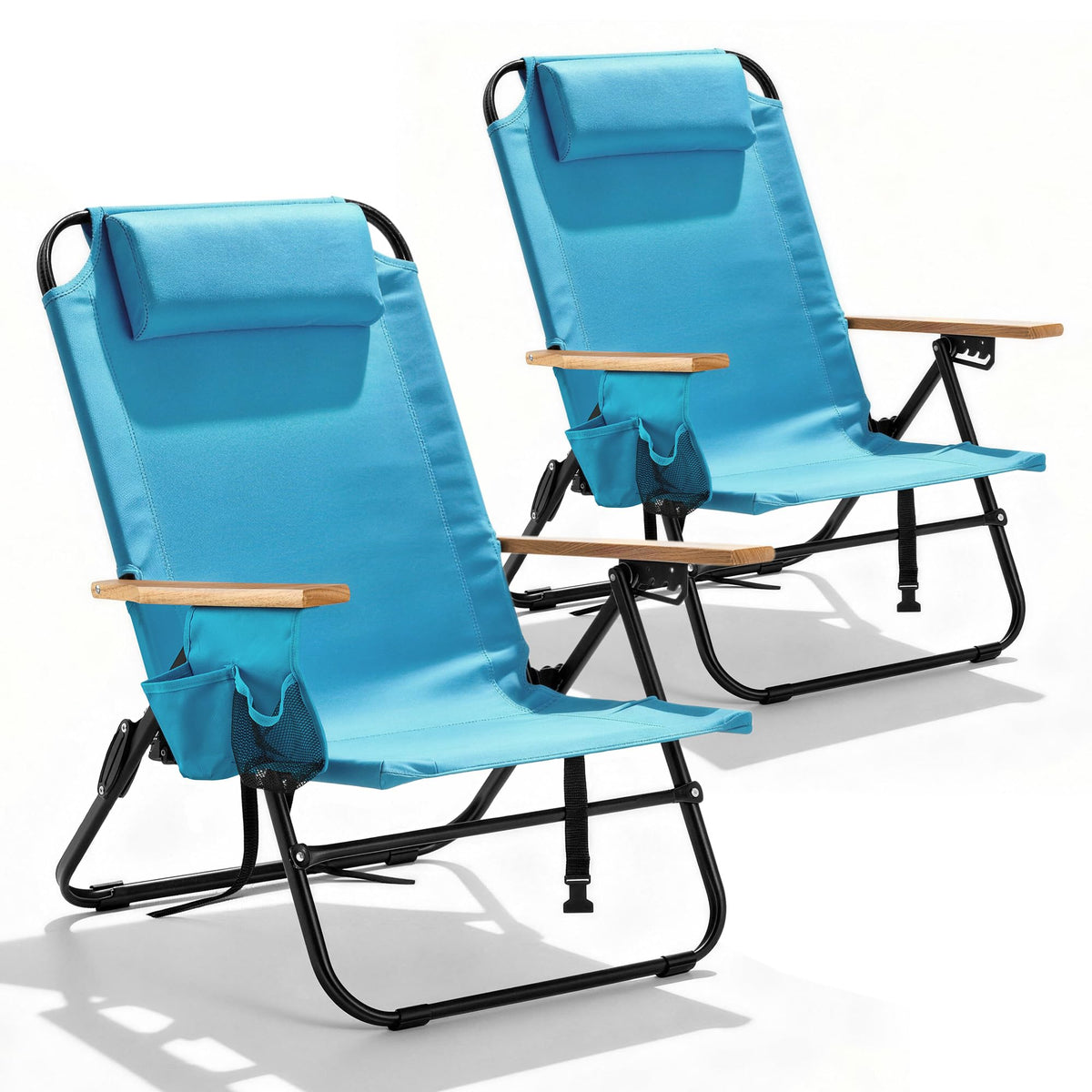 2 Pack Premium 5-Position Reclining Camping Chair - Portable Folding Lightweight Outdoor Chair with Wooden Armrests, Headrest & Pockets, 350lbs Heavy Duty for Beach, Patio, Backyard, Black