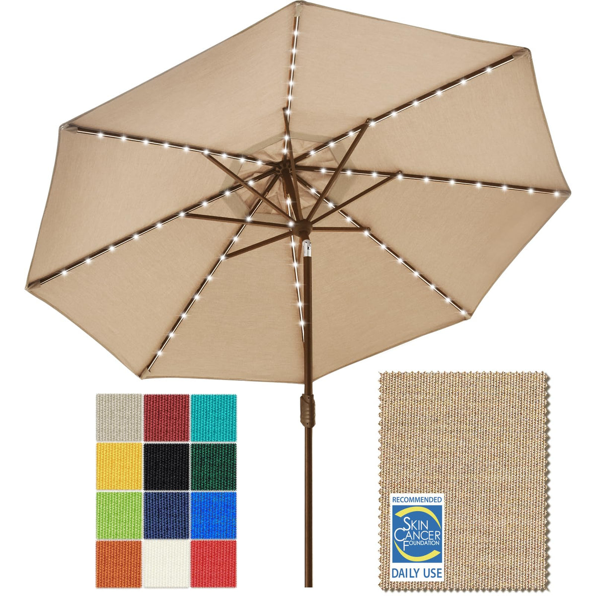 EliteShade USA 10-Year-Non-Fading 9ft 3-Tier Market Patio Umbrella, Commercial Table Umbrella with 80 Solar LED Lights, Crank Open, Windproof & UPF 50+ UV Protection for Garden, Deck, Pool, Backyard, Heather Beige