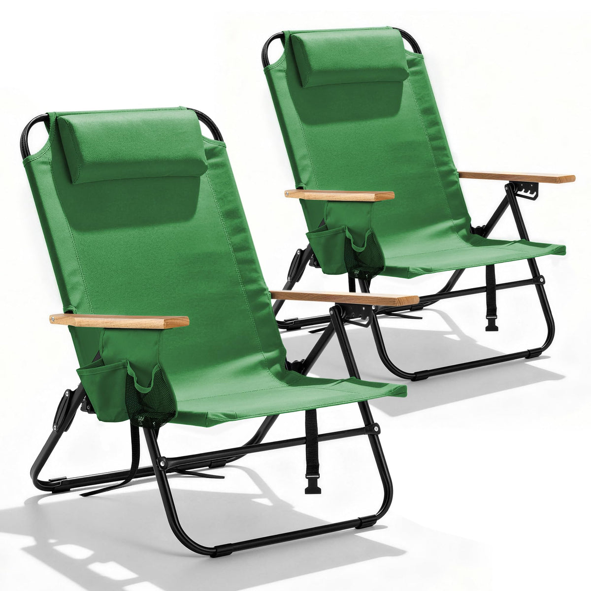 2 Pack Premium 5-Position Reclining Camping Chair - Portable Folding Lightweight Outdoor Chair with Wooden Armrests, Headrest & Pockets, 350lbs Heavy Duty for Beach, Patio, Backyard, Black