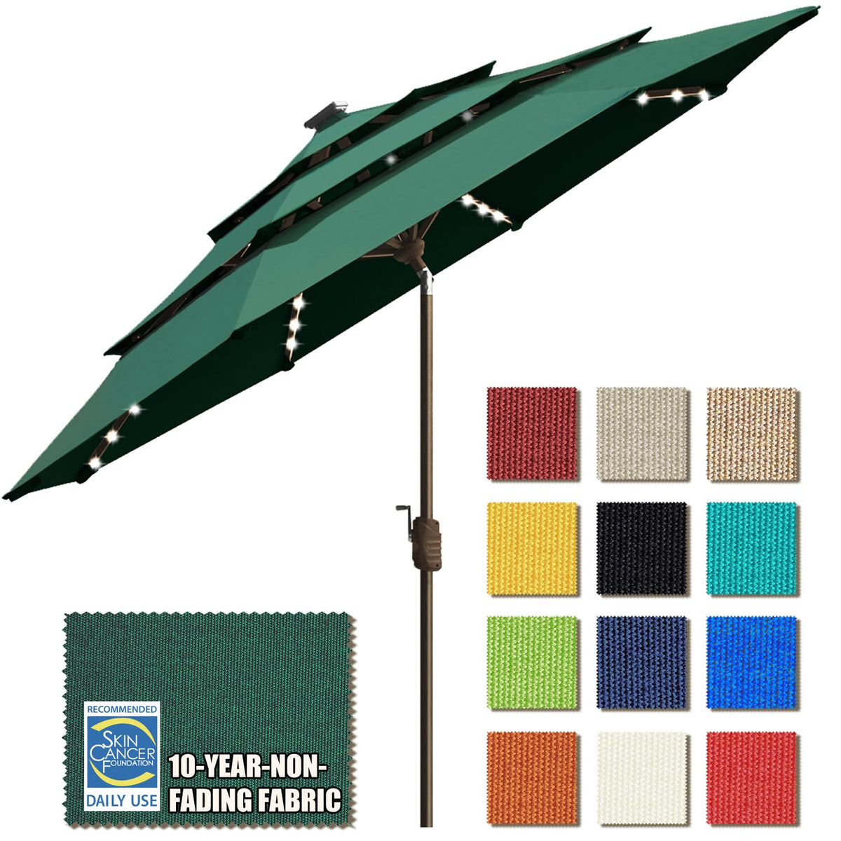 EliteShade USA 10-Year-Non-Fading 9ft 3-Tier Market Patio Umbrella, Commercial Table Umbrella with 80 Solar LED Lights, Crank Open, Windproof & UPF 50+ UV Protection for Garden, Deck, Pool, Backyard, Heather Beige
