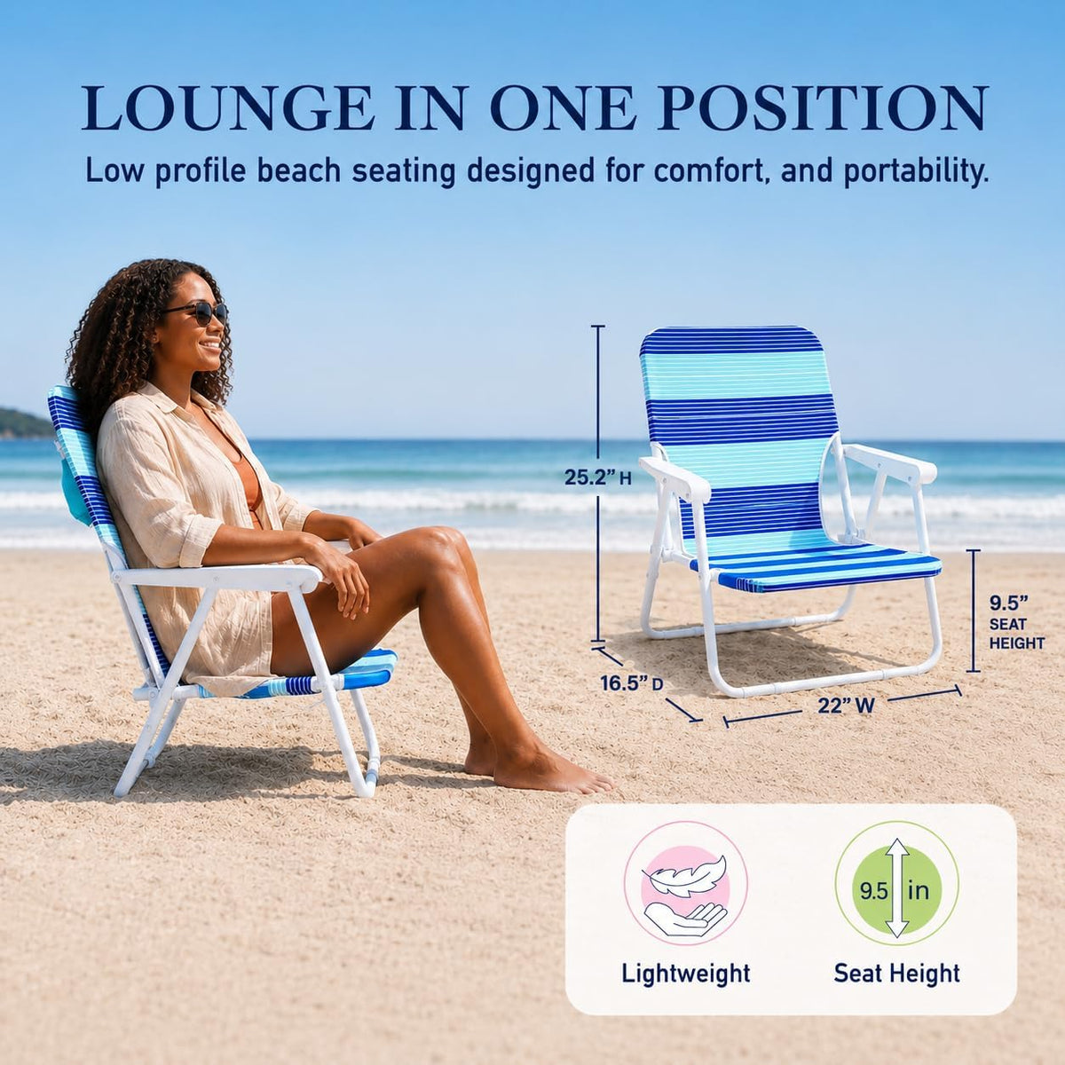 Caribbean Joe Folding Beach Chair, 1 Position Lightweight and Portable Foldable Outdoor Camping Chair with Carry Strap, Horizon Stripe