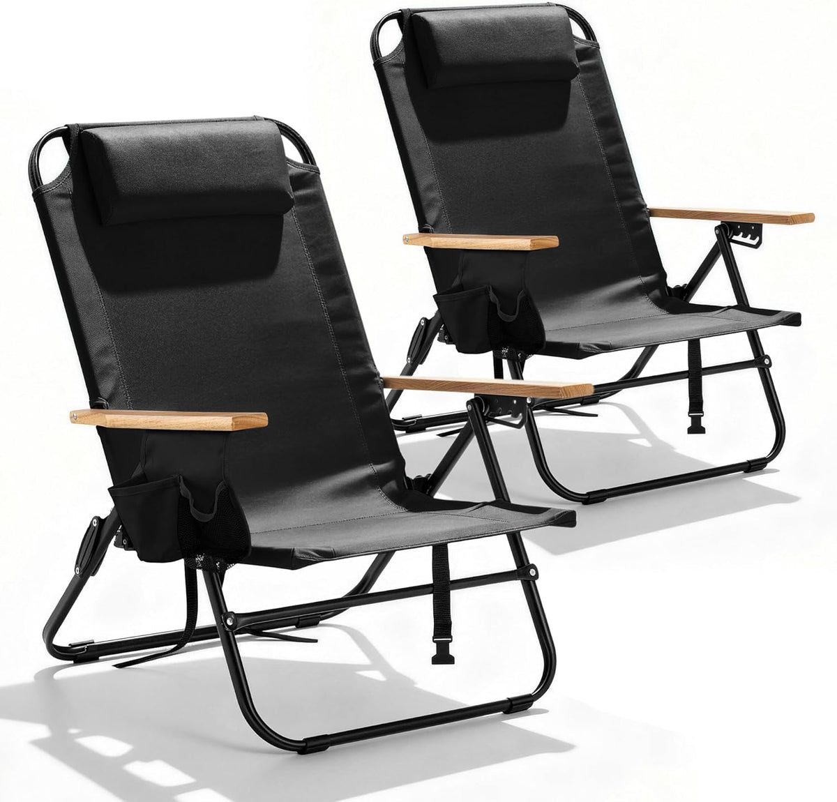 2 Pack Premium 5-Position Reclining Camping Chair - Portable Folding Lightweight Outdoor Chair with Wooden Armrests, Headrest & Pockets, 350lbs Heavy Duty for Beach, Patio, Backyard, Black