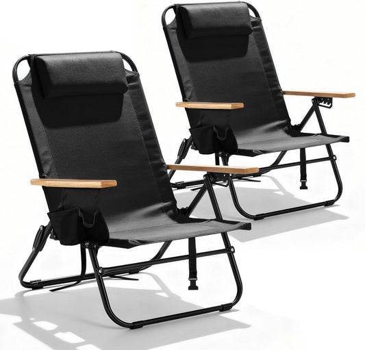 2 Pack Premium 5-Position Reclining Camping Chair - Portable Folding Lightweight Outdoor Chair with Wooden Armrests, Headrest & Pockets, 350lbs Heavy Duty for Beach, Patio, Backyard, Black