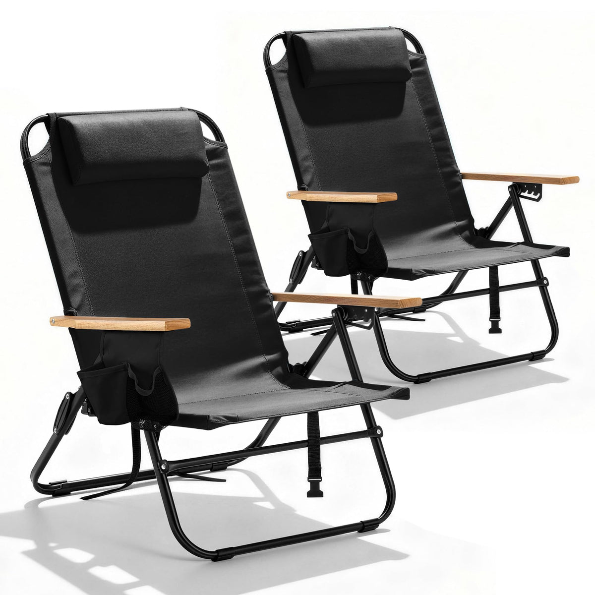 2 Pack Premium 5-Position Reclining Camping Chair - Portable Folding Lightweight Outdoor Chair with Wooden Armrests, Headrest & Pockets, 350lbs Heavy Duty for Beach, Patio, Backyard, Black