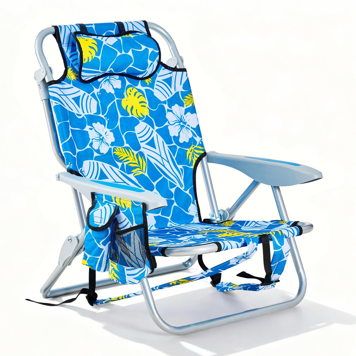 Portable Beach Chair for Adults, Outdoor Camping Chair Lay Flat Folding Backpack Beach Reclining Chair with 5 Positions, Headrest, Zipper Pouch, Cup Holder, Blue