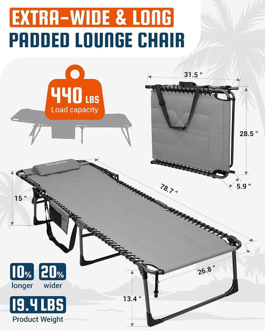 KingCamp Oversized Padded Lounge Chair 440lbs Tanning Chair, Grey