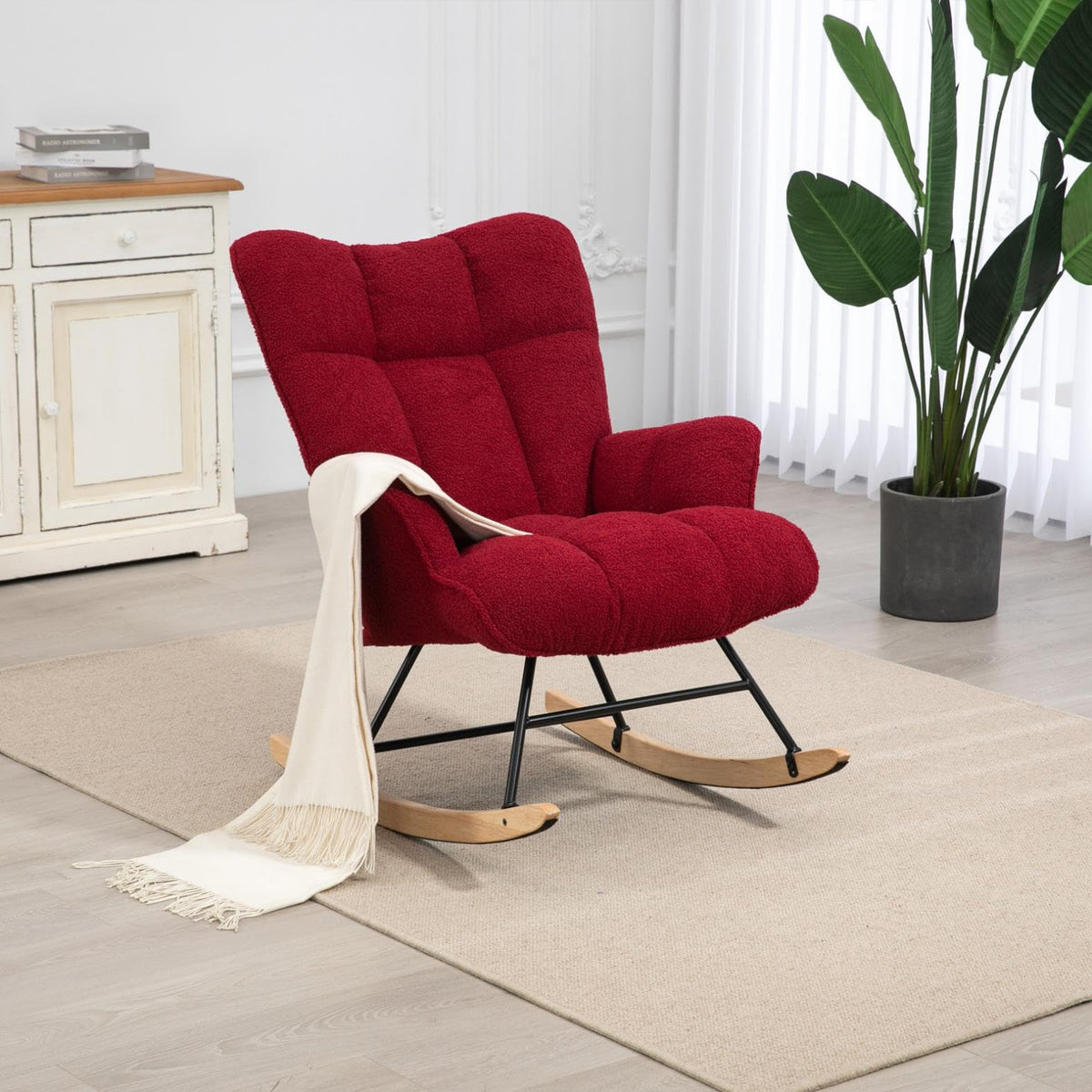 SAETSFEG Rocking Chair Nursery Teddy Upholstered Glider Rocker Rocking Accent Chair Padded Seat with High Backrest Armchair Comfy Side Chair for Living Room Bedroom Offices (Ivory Teddy)