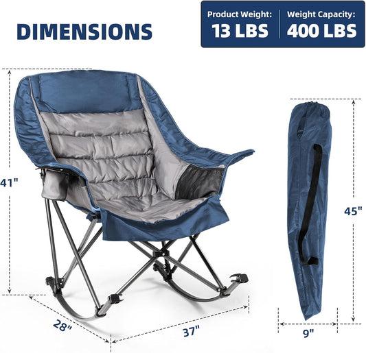 Oversized Rocking Camping Chair for Adults - 400lbs Capacity Padded Camp Chair with Cup Holder, Portable Foldable Outdoor Rocker Chair for Camping, Backyard, Patio (Blue & Gray)