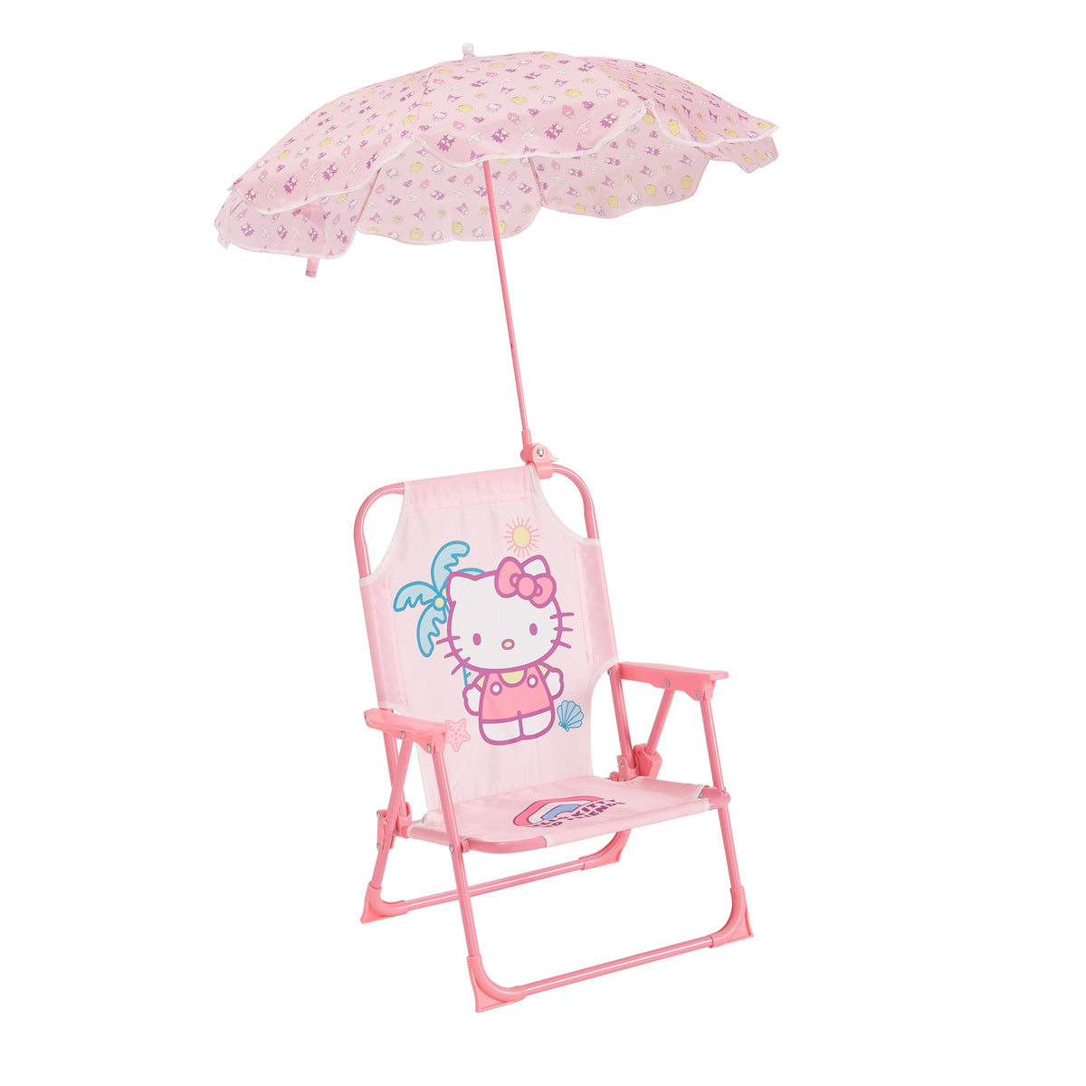 Sanrio Hello Kitty Kids Outdoor Folding Beach Chair with Umbrella,Portable Camp Chair for Ages 3+, Lightweight & Compact for Beach, Camping, and Backyard