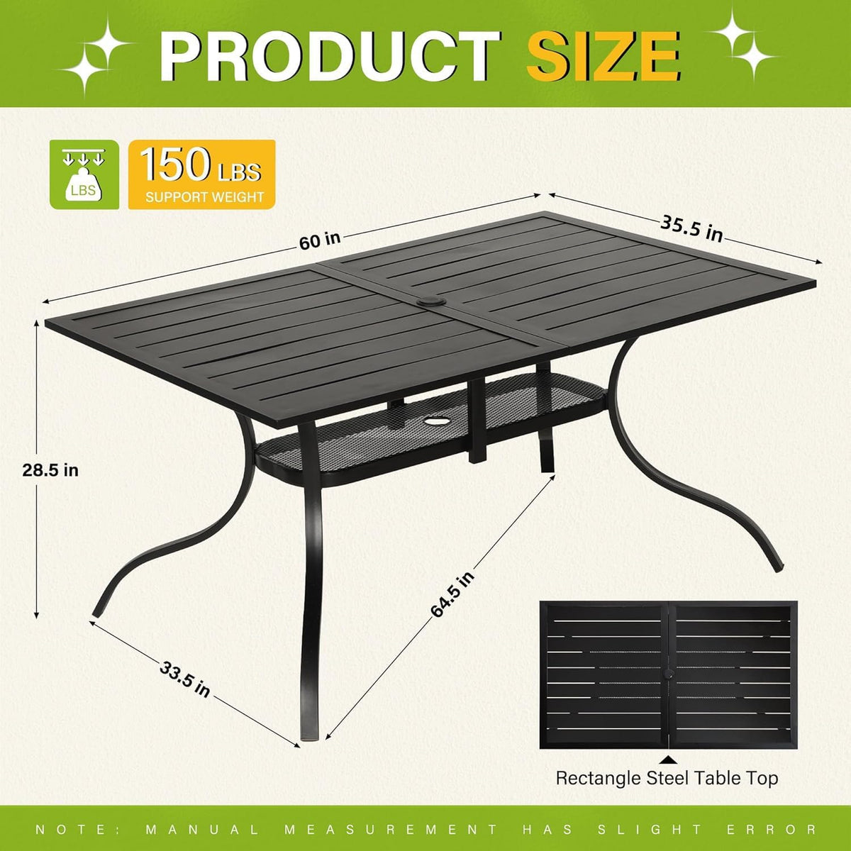 Incbruce Patio Dining Table, 60" x 36" Rectangle Metal Steel Slat Table, with 1.57" Umbrella Hole, for Backyards, Porches, Gardens or Poolside