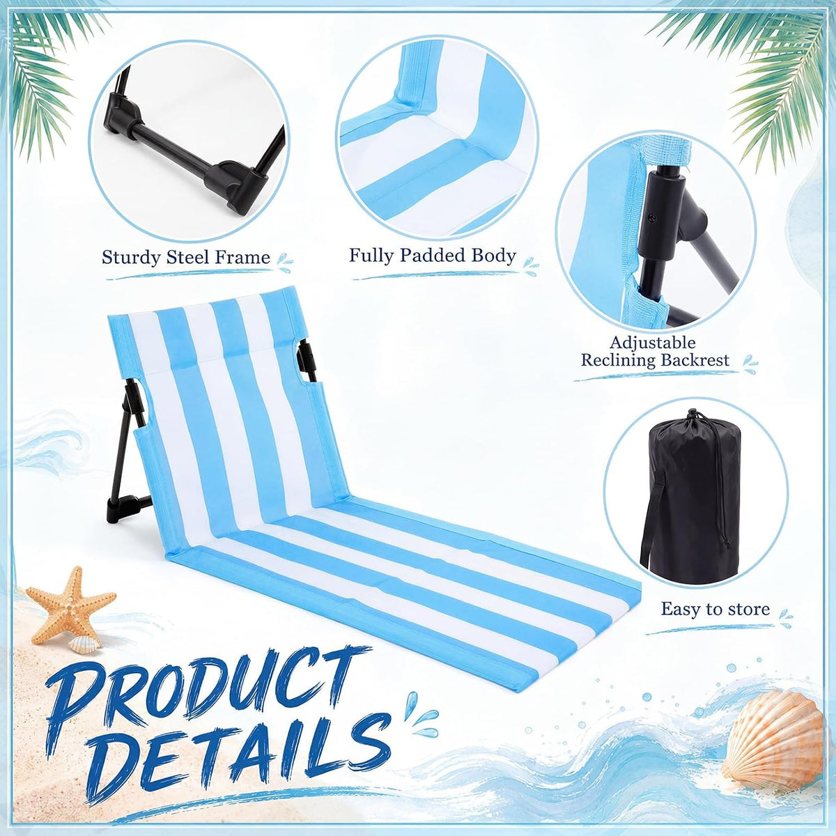 2 Pcs Foldable Beach Pool Chairs Portable Folding Adjustable Sun Chairs Poolside Seat for Edge of Pool for Beach Camping Picnic Lawn, 16 x 31 x 15.3 Inches, Sky Blue