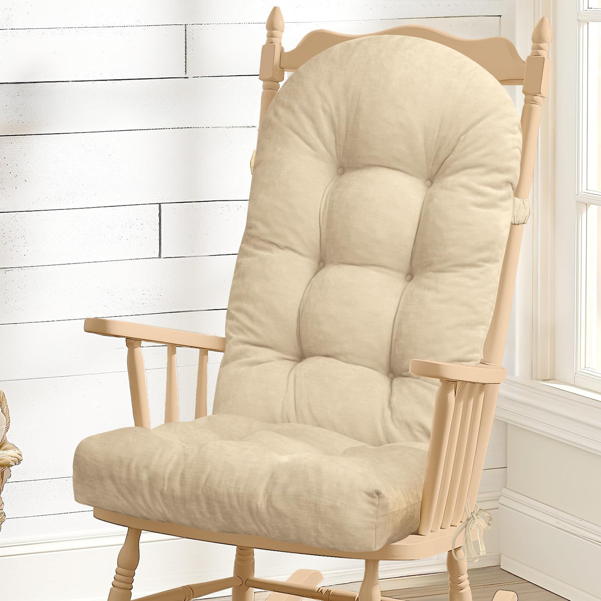 Rocking Chair Cushion - Soft Chenille Fabric Seat Pad with Tufted Design, Non-Slip Bottom and Secure Ties, for Glider, Adirondack and Indoor Rocker Chair, 44x19x4 Inch, Oyster White