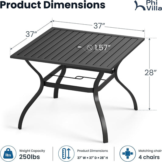 PHI VILLA Patio Table w/Umbrella Hole, Black Metal Dining Table for 4