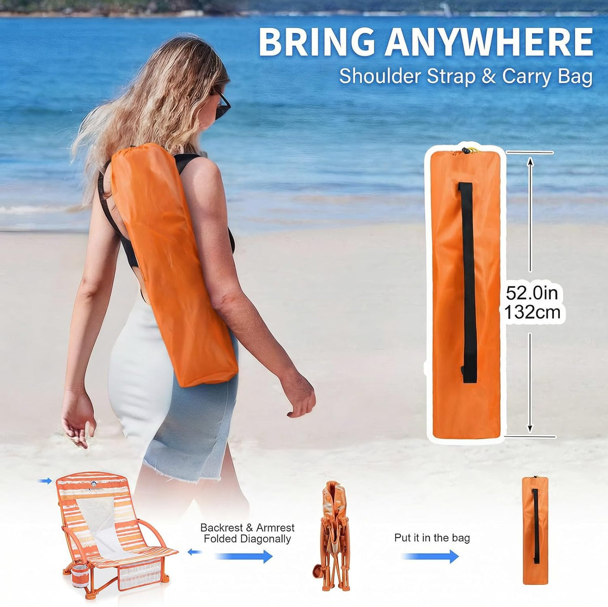 Beach Chairs for Adults 2 Pack,Heavy Duty Folding Low Back Camping Chairs w/Cooler Bag,Mesh Back,Cup Holder & Storage Bag,Compact Sling Chair for Lawn,Picnic,Travel,Orange Strip