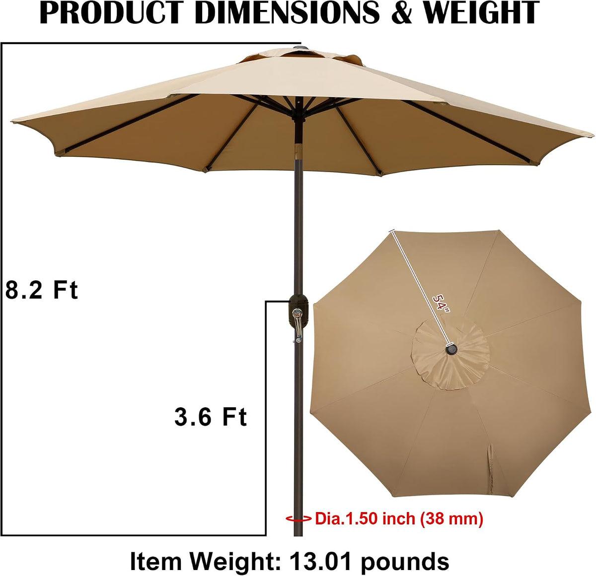Blissun 9' Outdoor Patio Umbrella, Outdoor Table Umbrella, Yard Umbrella, Market Umbrella with 8 Sturdy Ribs, Push Button Tilt and Crank