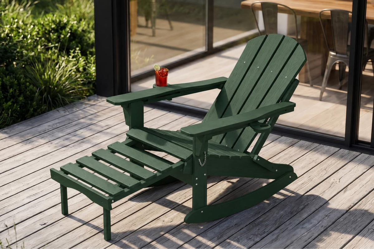 All-Weather HDPE Adirondack Rocking Chair, Heavy Duty Folding Porch Rocker with Curved High Back & Armrest, Comfortable Outdoor Lounge Chair for Backyard Patio Deck Garden, Aruba Blue