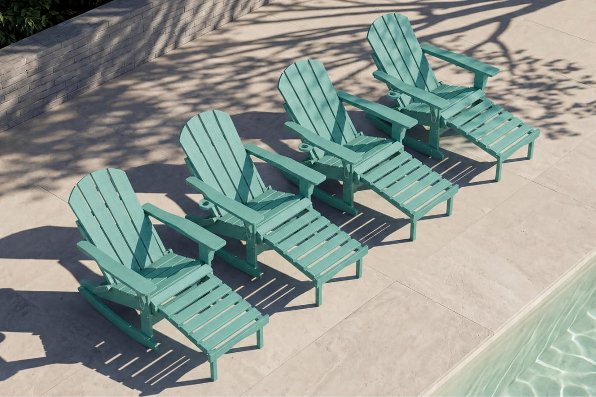 All-Weather HDPE Adirondack Rocking Chair, Heavy Duty Folding Porch Rocker with Curved High Back & Armrest, Comfortable Outdoor Lounge Chair for Backyard Patio Deck Garden, Aruba Blue