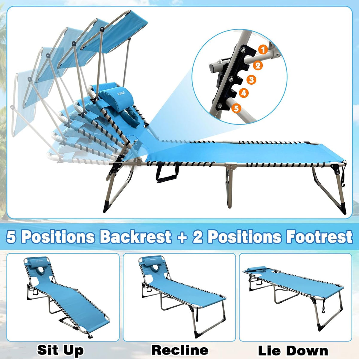 Outdoor Tanning Chair with Sun Canopy Shade & Face Hole, Folding Lounge Chair with Beach Table and Carry Bag for Poolside Sunbathing Lawn