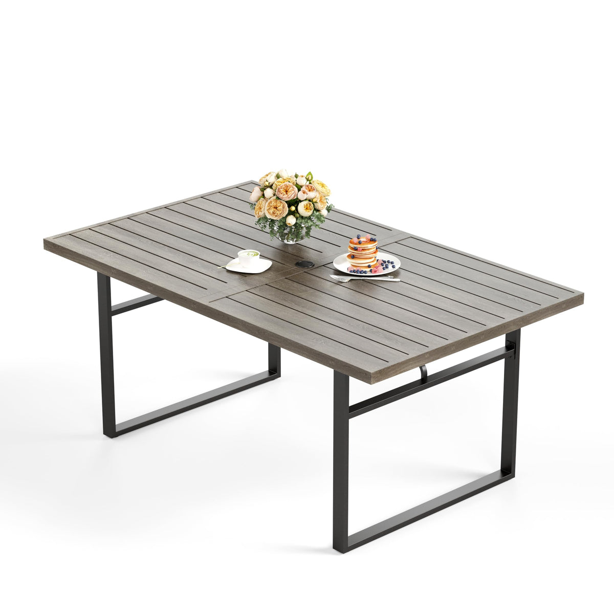 HERA'S HOUSE Outdoor Dining Table for 6, Brown Metal Table w/Umbrella Hole