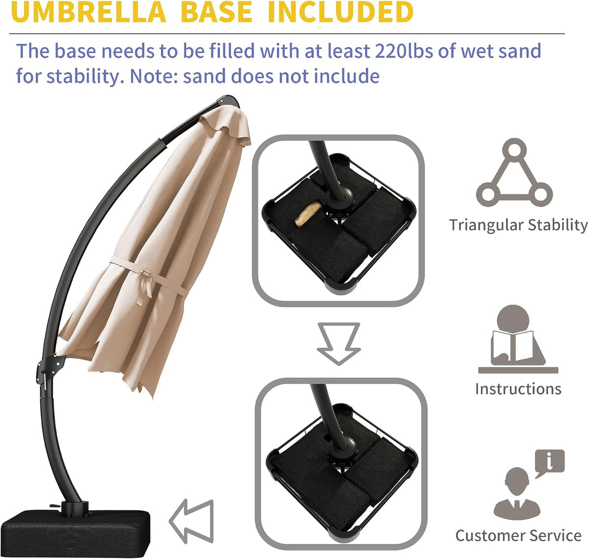 Kingdura 11ft Offset Cantilever Patio Umbrella with Base Included, Large Round Aluminum Outdoor Umbrella, 360° Rotation & Infinite Tilt, Heavy Duty Frame for Deck Pool Backyard, Beige